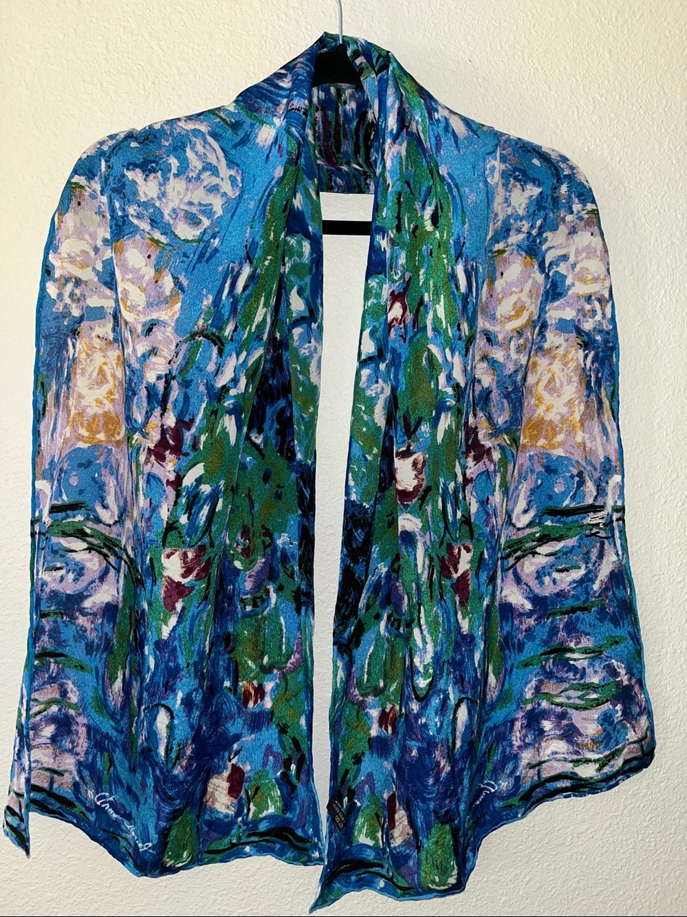 Claude Monet  Blue Floral silk scarf “Water Lilies”
Oblong 15 x 60”
Art to Wear